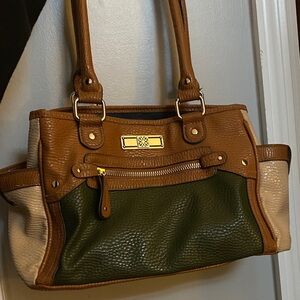 Elegant Brown and Green Leather Tote Bag